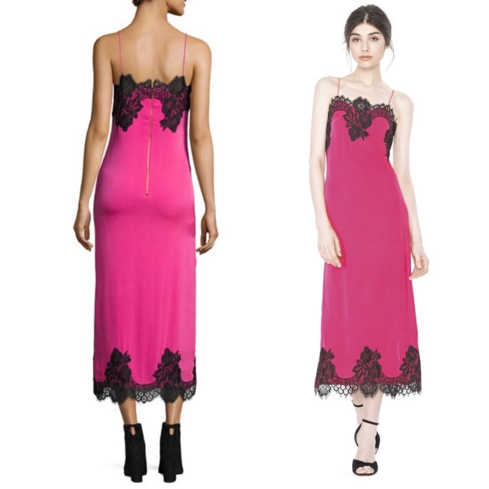 Alice + Olivia Fuchsia Luna Midi Silk and Lace Dress